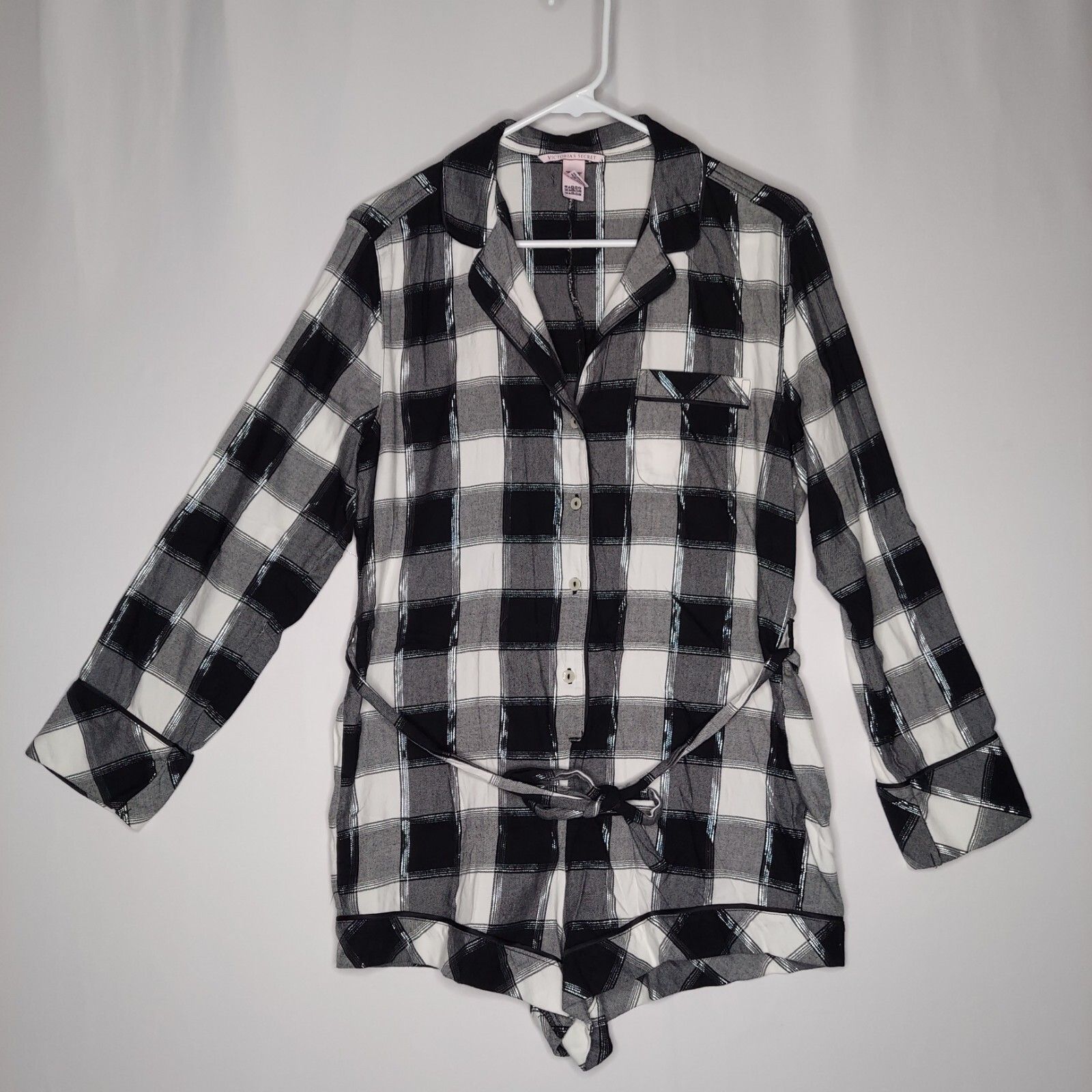 Victorias Secret Flannel Pajamas Romper Small Black Plaid Metallic Holiday Xmas